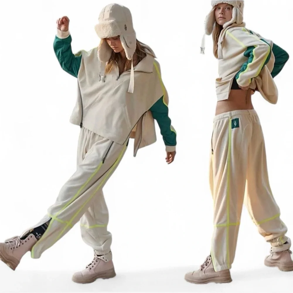 Free People Movement Arena Fleece Jogger Pants Size Small Cream Neon Ankle Zip - Picture 1 of 8